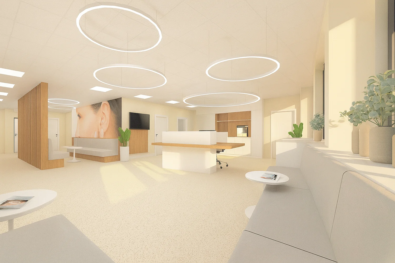 Rendering des Wartebereichs im HNO Zentrum 19.